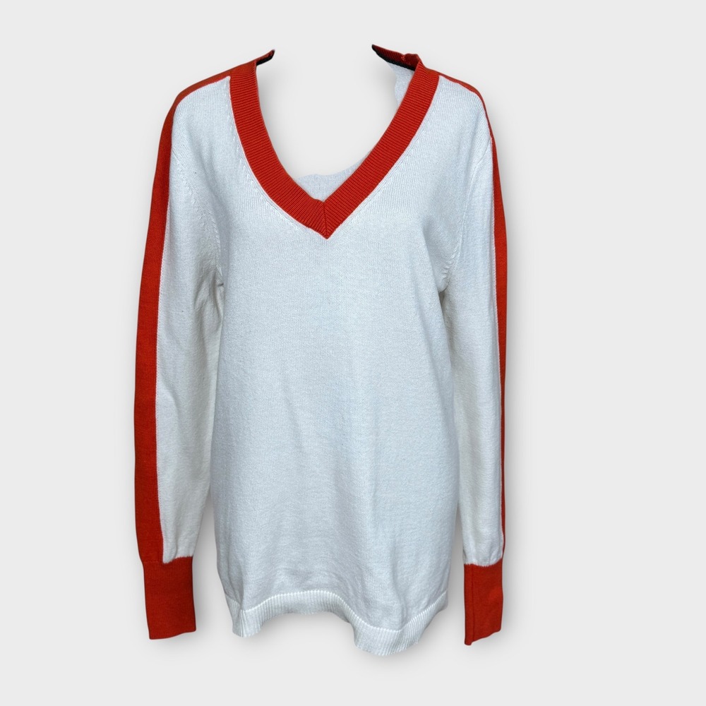 Boden V-Neck Sweater Women Size M White Red Wool Cotton Blend Side Stripe
